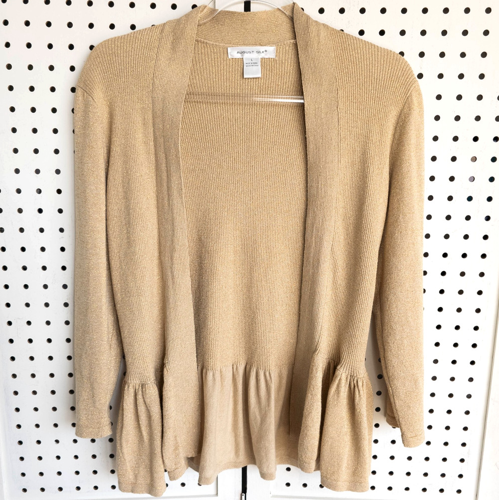 August Silk Open Front Cardigan Gold Metallic Shimmer Womens SIZE L